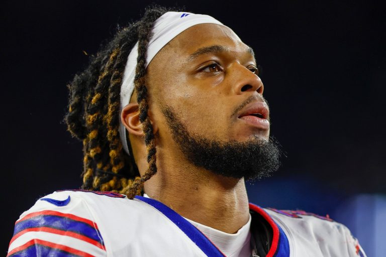 ills safety Damar Hamlin is shown before an October 2 game against the host Baltimore Ravens